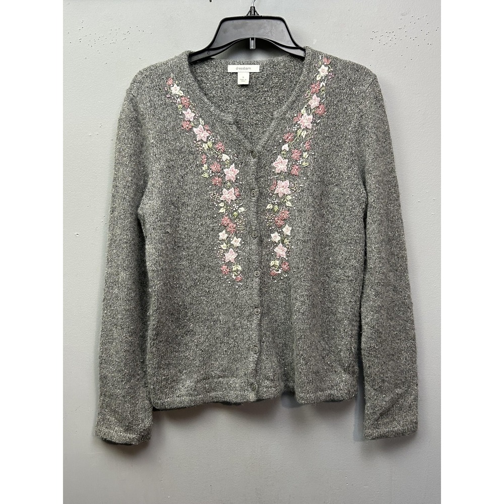 Dressbarn Cardigan Womens S Gray Floral Embroidered Silk Angora Beaded Sweater